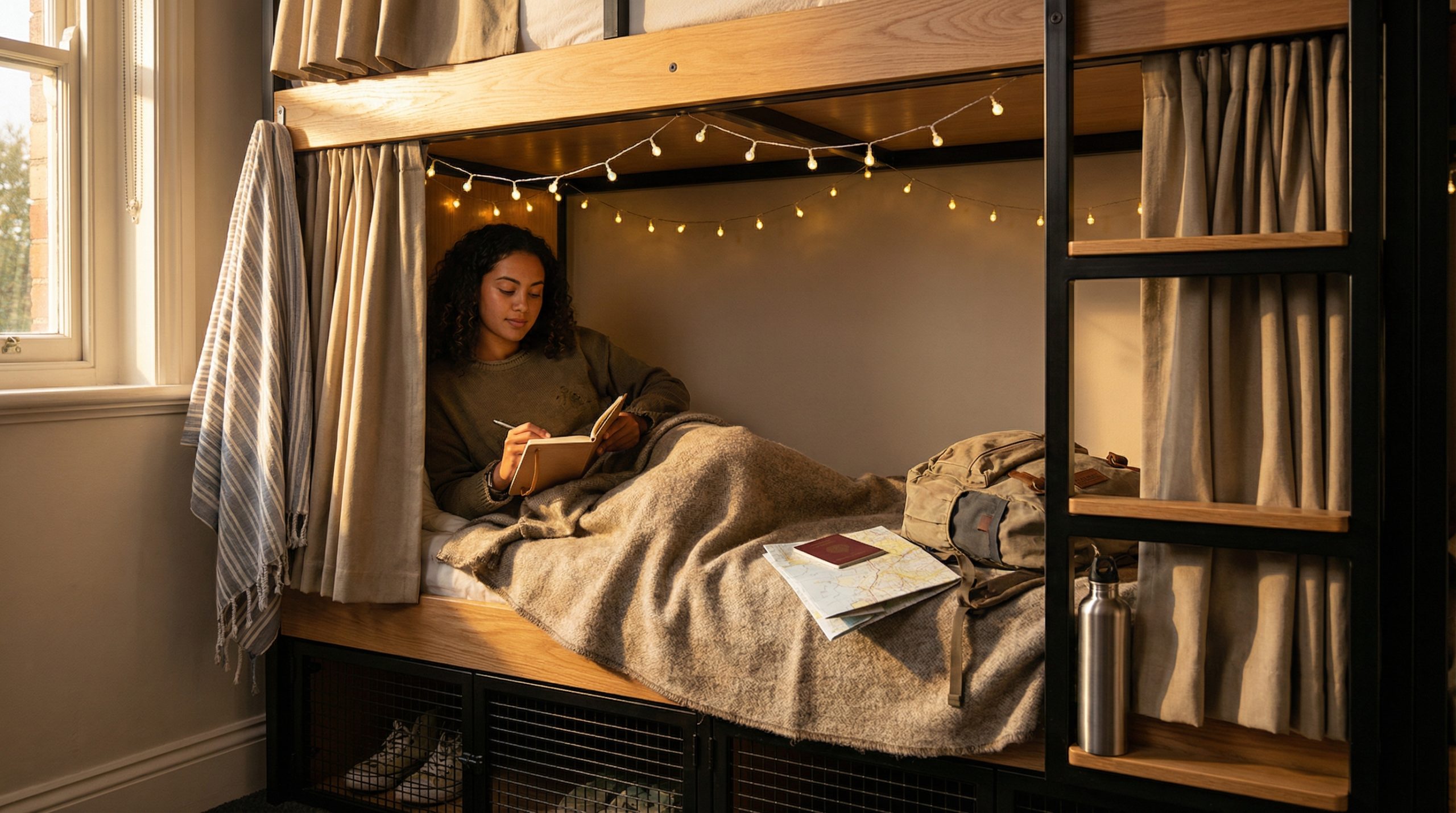 Cortinas no beliche criam refúgio no Hospedar e Dormir